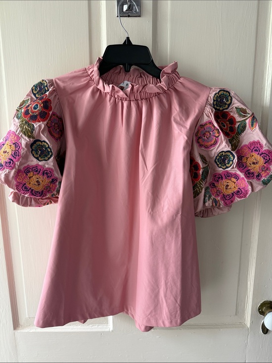 THML Tops - THML Pink Blouse with Multicolor Embroidered Puff Sleeves
